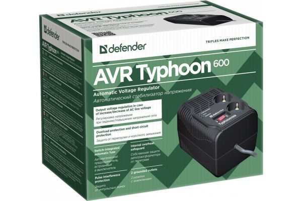 Стабилизатор напряжения Defender AVR Typhoon 600 200 Вт, 2 розетки 99032