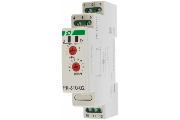 Реле тока F&F PR-610-02, измеряет ток с помощью выносного датчика тока EA03.004.002