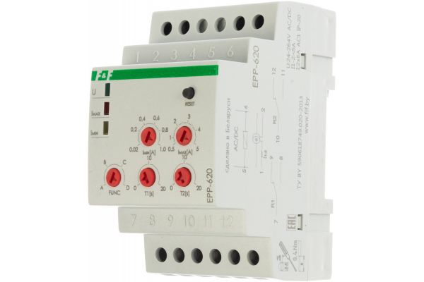 Реле тока F&F EPP-620, 4-функции с регулируемым верхним и нижним порогами срабатывания EA03.004.006